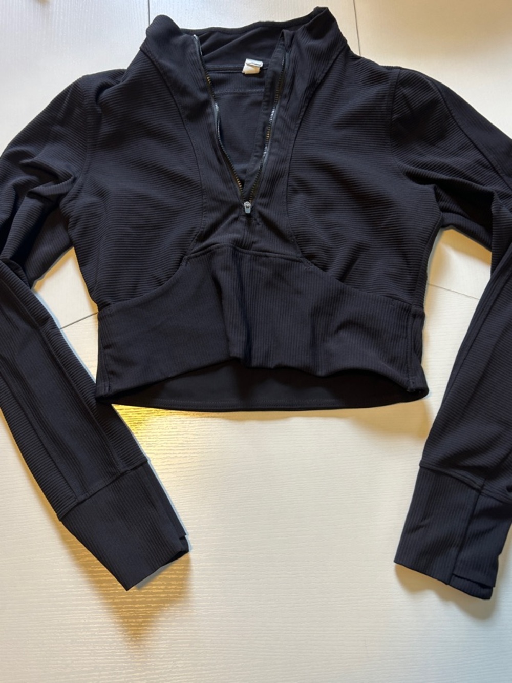 Danskin Black Ribbed Cropped Half-Zip Long Sleeve Top